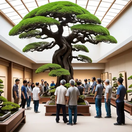 Prompt: Man leads a group tour through the largest bonsai museum in the world, long corridors, plenty of natural light