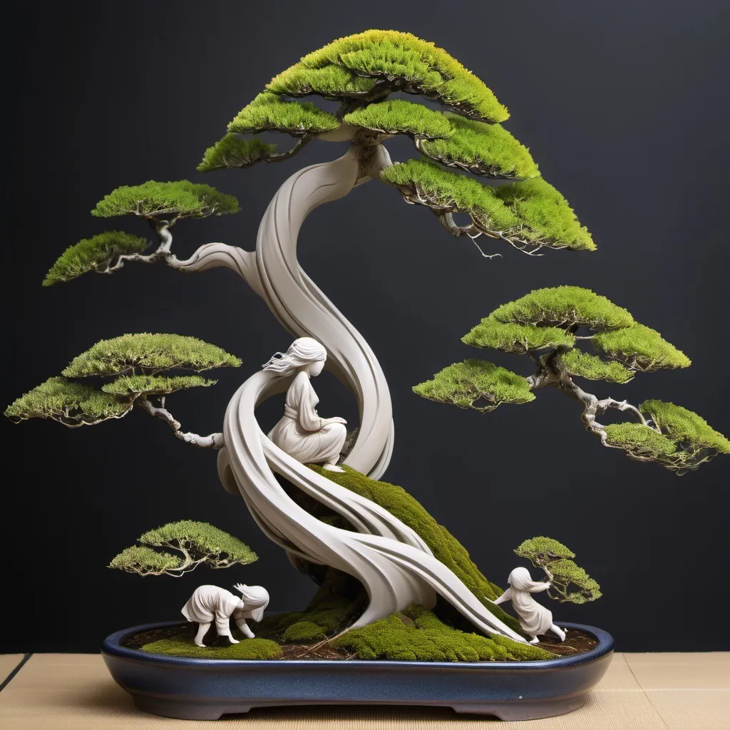 Prompt: Windswept mother and daughter bonsai trees, mother protects daughter