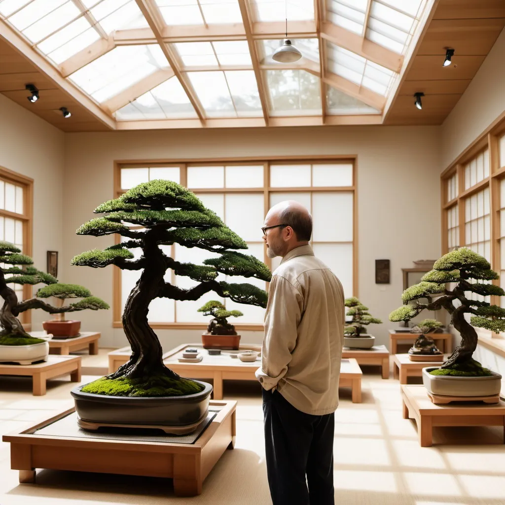 Prompt: Curator leads a tour through a bonsai museum, plenty of open space, plenty of natural light through windows