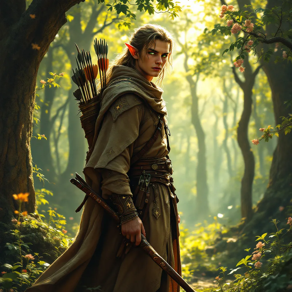 Prompt: Elf ranger in a mystical forest around sunlight