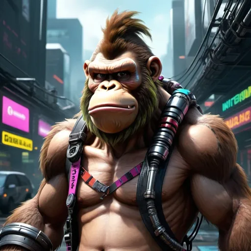 Prompt: A realistic like Funky Kong from the Nintendo games, cyberpunk style