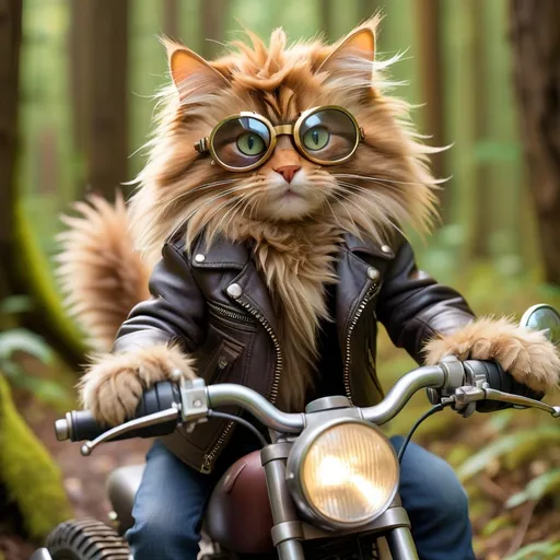 Prompt: A professional photograph of A mischievous fluffy long-haired cat sporting aviator goggles and a spiked leather jacket zips through the forest on a makeshift motorcycle built from twigs and vines. The wheels are perfectly ro