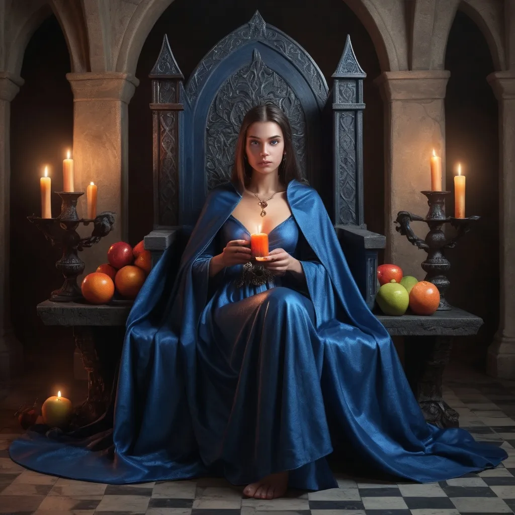 Prompt: a woman in a blue cape sitting on a throne with fruit and candles in the background and a candle holder, Dirk Crabeth, fantasy art, medieval, poster art