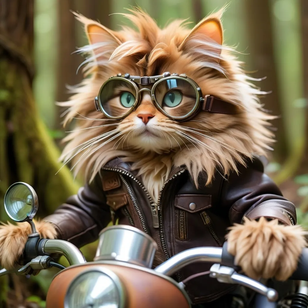 Prompt: A professional photograph of A mischievous fluffy long-haired cat sporting aviator goggles and a spiked leather jacket zips through the forest on a makeshift motorcycle built from twigs and vines. The wheels are perfectly ro