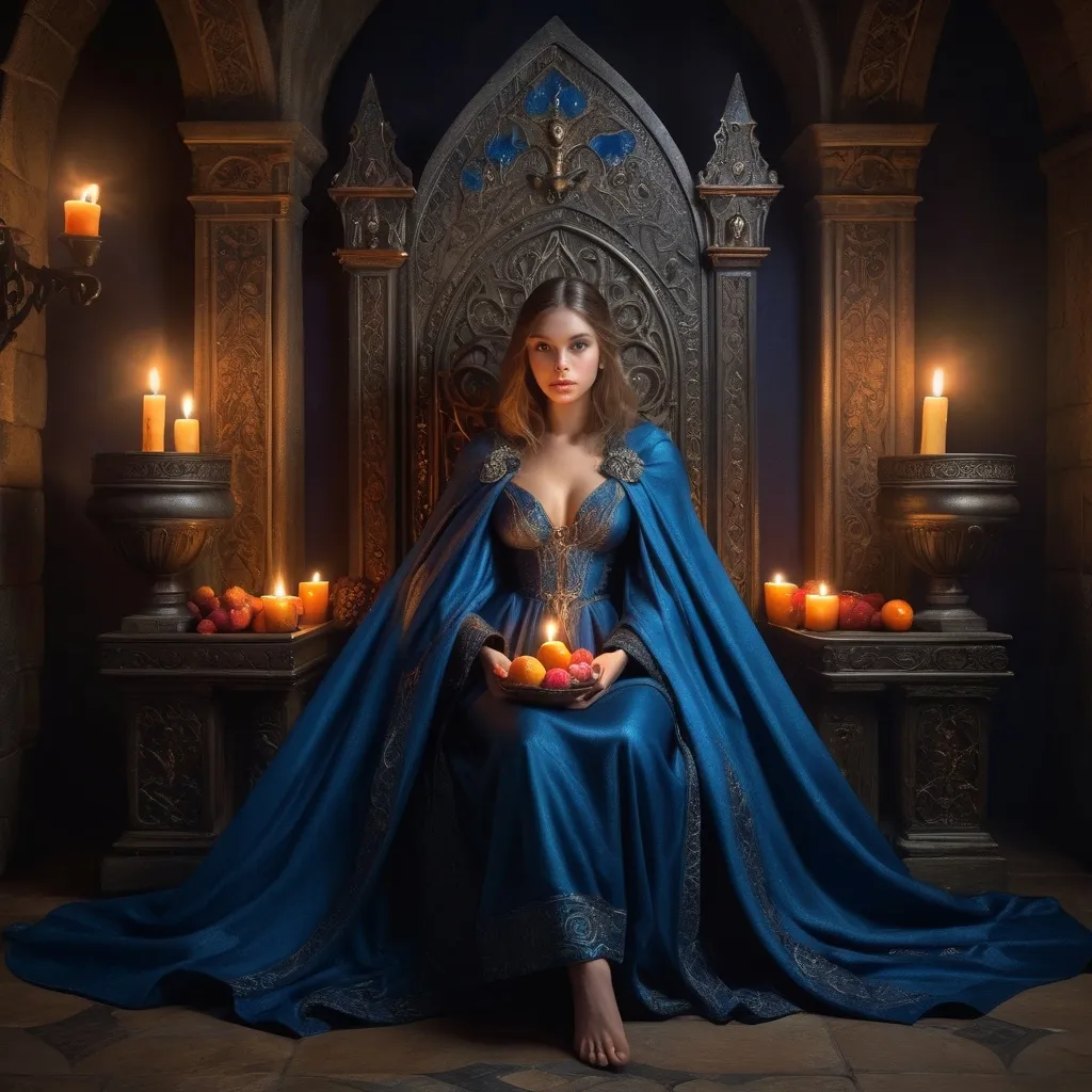 Prompt: a woman in a blue cape sitting on a throne with fruit and candles in the background and a candle holder, Dirk Crabeth, fantasy art, medieval, poster art