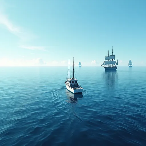 Prompt: A small fishing boat drifting alone on a wide, calm open ocean in a bright sunny day, with no land in sight. In the distance is a flotilla of paddle steamers and a dark square rigger. Photorealistic. Beautiful and calm.