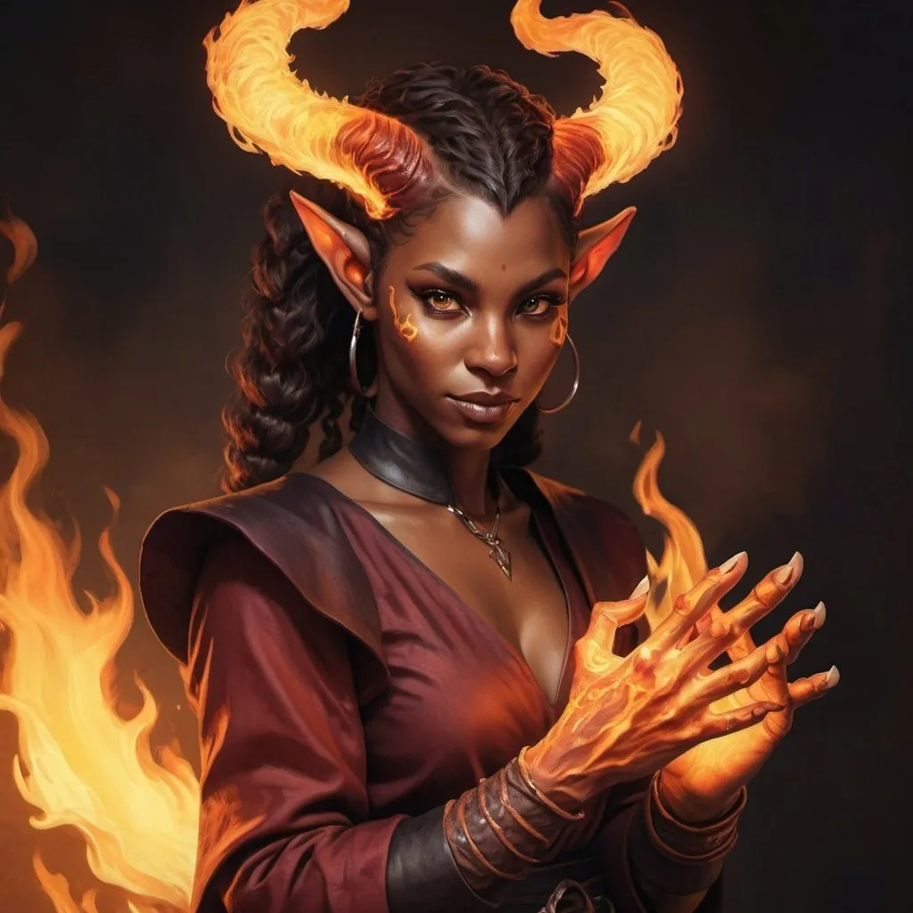 Prompt: hyper-realistic Tiefling character with fire hands, fantasy character art, illustration, dnd, warm tone