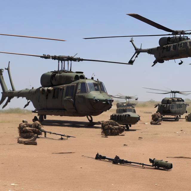 Prompt: Somali arms with Helicopters