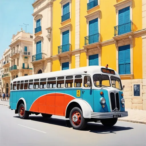 Prompt: a colorful drawing for  a vintage Maltese bus