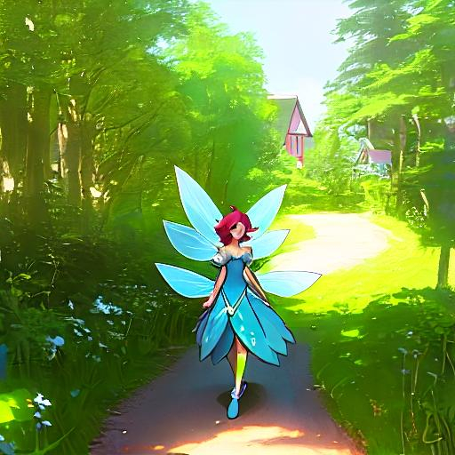 Prompt: female fairy walking toward cottage