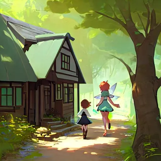 Prompt: female fairy walking toward cottage with human little girl and boy walking behind her in amazement