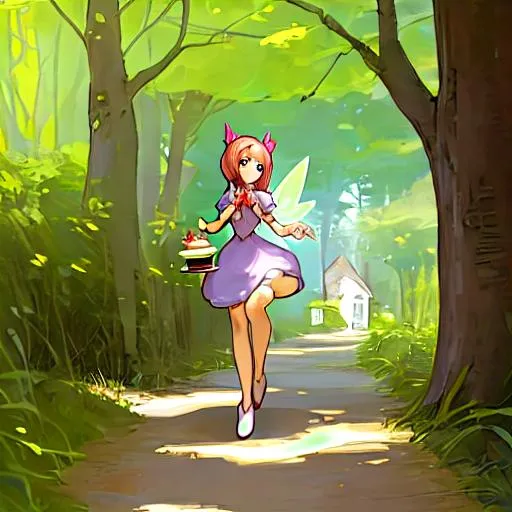 Prompt: female fairy holding cakes walking toward cottage