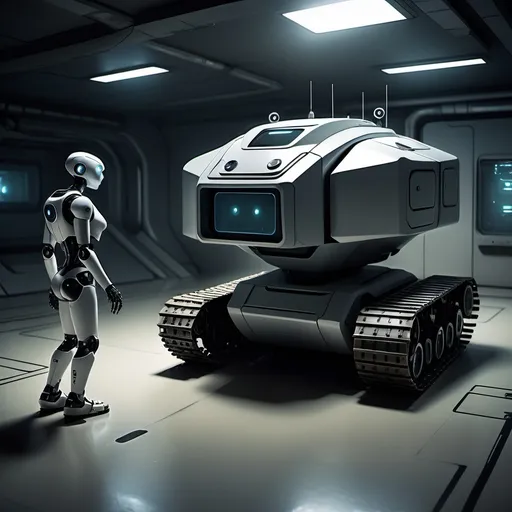 Prompt: A futuristic scene featuring a low-lying patrol robot equipped with tank-like treads instead of legs. The robot is moving in circles, scanning its surroundings with multiple cameras. The environment is tense and slightly shadowy, suggesting a sense of suspense and stealth. In the background, there are possible hiding spots indicated, hinting at a person successfully concealed and observing the robot from a safe distance. The setting is urban, with a mixture of high-tech and gritty elements, conveying a sense of advanced technology and surveillance.