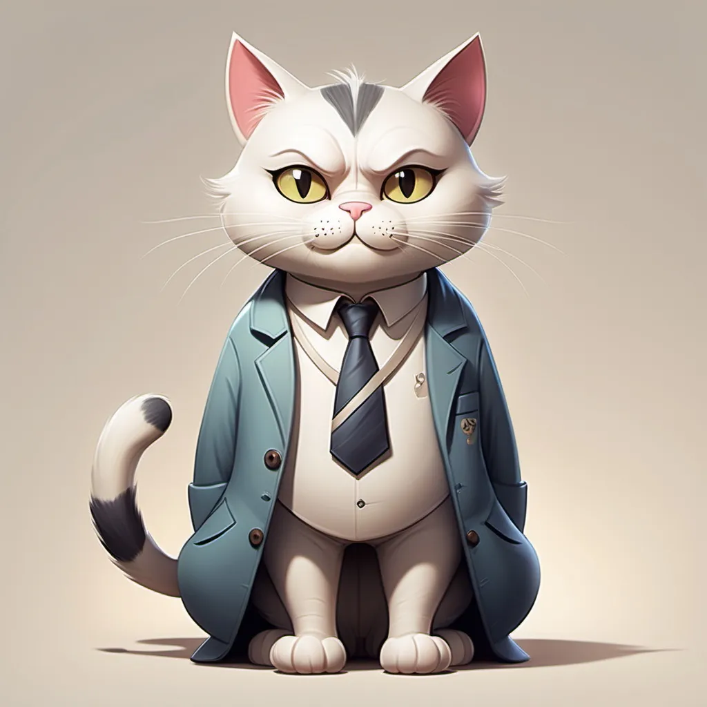 Prompt: Draw: a father figure cat designed for 1-8 year of age kids. It should be based on how a real life cat looks combined with 15%-25% cartoon like/human like but not fully human like. Fantasy style incorporated too.  Only one character in the picture and that's a father cat character only and alone in the picture rendered please