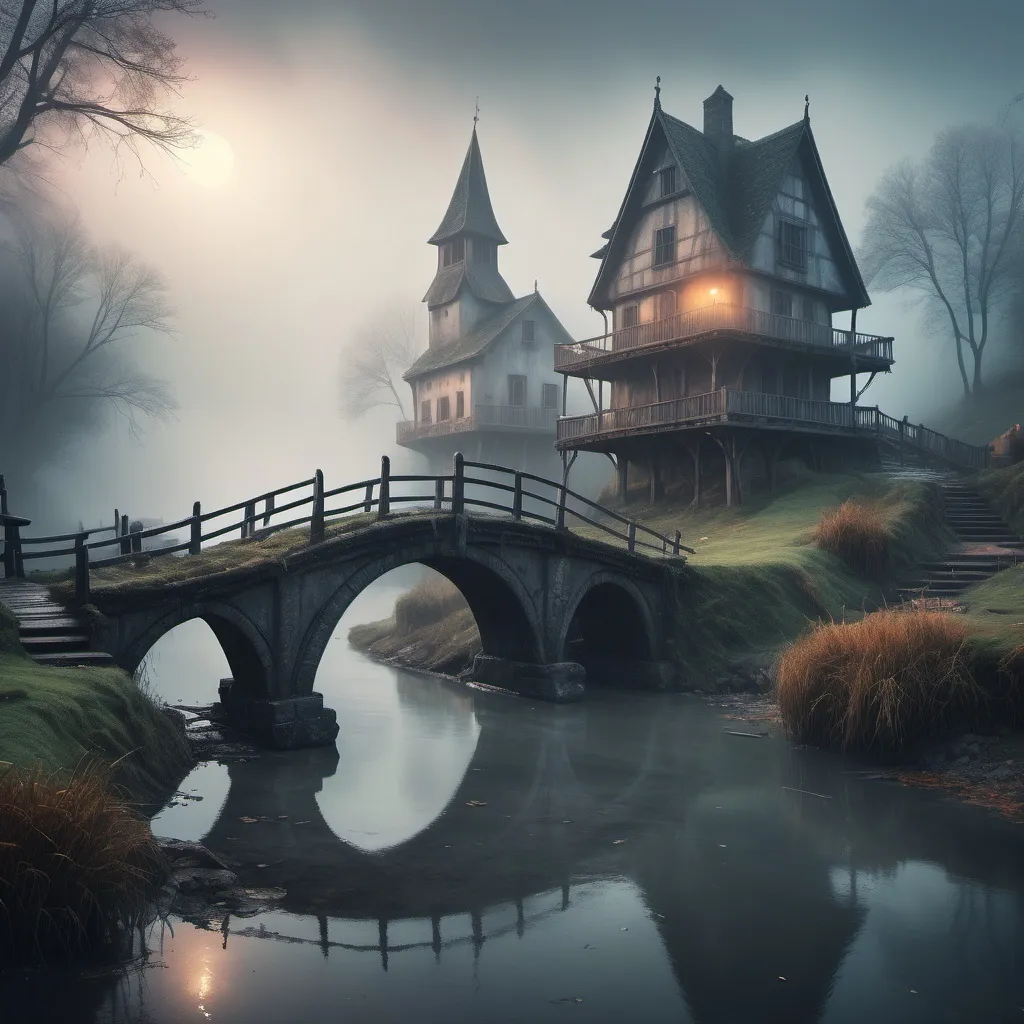 Prompt: small settlement, foggy, bridge and river, dramatic fantasy settlement scene, cinematic lighting
