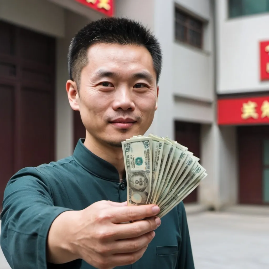 Prompt: Chinese man holding cash on his right hand