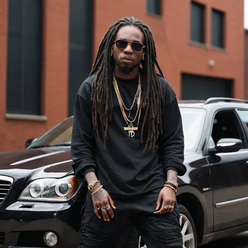 Prompt: a rapper in 3d  dressed in all black with long dreadlocks leaning on a car
