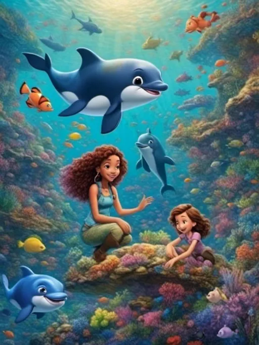 Prompt: <mymodel> stones , Disney Pixar characters, preschoolers facial expressions for the harmony the porpoises face. Take characteristic from each of the children’s faces in this model to create the porpoises facial feature and attitude.  paintings of underwater scenes from Bosnia, Erie Bayfront imagery]
