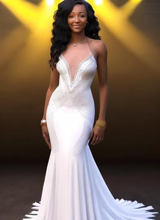Prompt: Mickey Guyton coloration, african American black female, country music singer. I want to see this sket come to like in 3d pop out effect. I want her to feel like a real human being. Create for her a realistic body wearing ancestral white music performance gown made up of these Ancestral Background:
   39% England & Northwestern European
   22% Nigerian
   11% Scottish
   8% Cameroon, Congo & Western Bantu Peoples
   5% Ivory Coast & Ghana
   2% Norwegian
   5% Germanic European
   4% Swedish & Denmark
   2% Senegal
   2% Mali