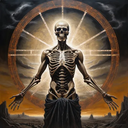 Prompt: Undead Doom Cybernetic Vitruvian Man from hell looming over apocalyptic landscape, oil painting, tattered robes billowing, decayed flesh, eerie glow, high contrast, dark and moody, haunting atmosphere, dramatic lighting, detailed skeletal structure, ominous presence, epic scale, high quality, oil painting, undead, apocalyptic, high contrast, haunting, dramatic lighting, eerie glow