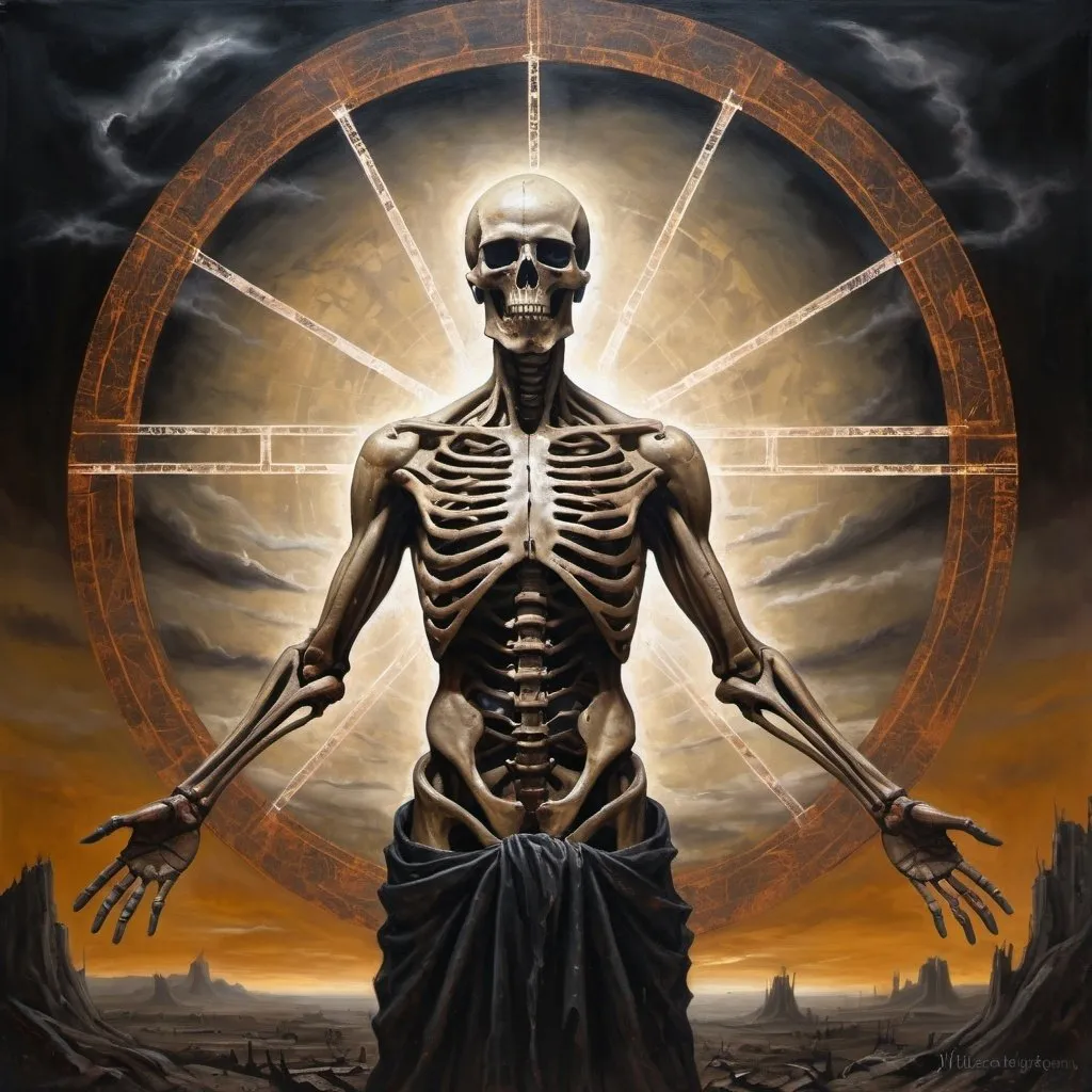 Prompt: Undead Doom Cybernetic Vitruvian Man from hell looming over apocalyptic landscape, oil painting, tattered robes billowing, decayed flesh, eerie glow, high contrast, dark and moody, haunting atmosphere, dramatic lighting, detailed skeletal structure, ominous presence, epic scale, high quality, oil painting, undead, apocalyptic, high contrast, haunting, dramatic lighting, eerie glow