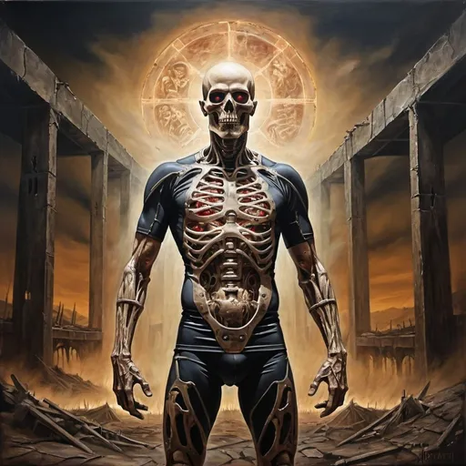 Prompt: Undead Doom Cybernetic Vitruvian Man from hell looming over apocalyptic landscape, oil painting, tattered robes billowing, decayed flesh, eerie glow, high contrast, dark and moody, haunting atmosphere, dramatic lighting, detailed skeletal structure, ominous presence, epic scale, high quality, oil painting, undead, apocalyptic, high contrast, haunting, dramatic lighting, eerie glow, wearing no gi brazilian jiu jitsu rashguard and mma shorts