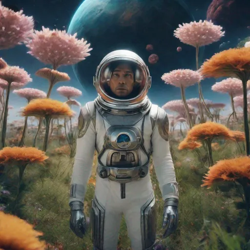 Prompt: Cinematic image of a human male astronaut wearing a futuristic space suit, no helmet, surrended by many women wearing mini skirts, set is an planet with strange plants, flowers, grass