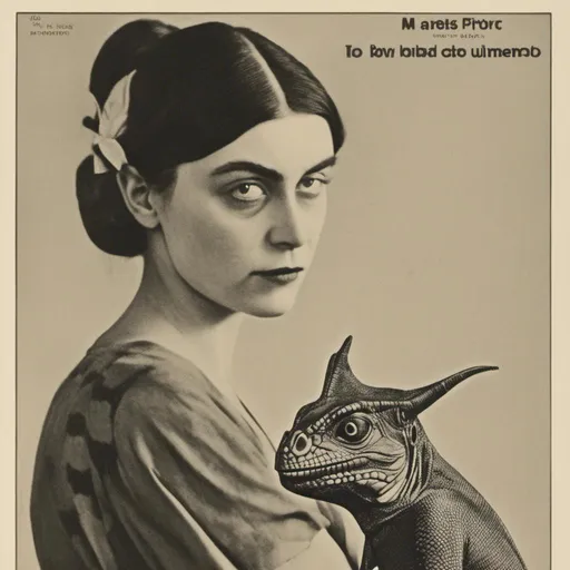 Prompt: a poster image of a 30 years old woman, looking into the camera, at her right side there is a cat, on her left side there is an iguana<mymodel>