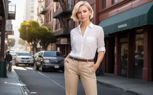 Prompt: photorealistic image of a full body of woman with very blonde short hair, wearing male shirt, chino pants, no heels, in a San Francisco setting