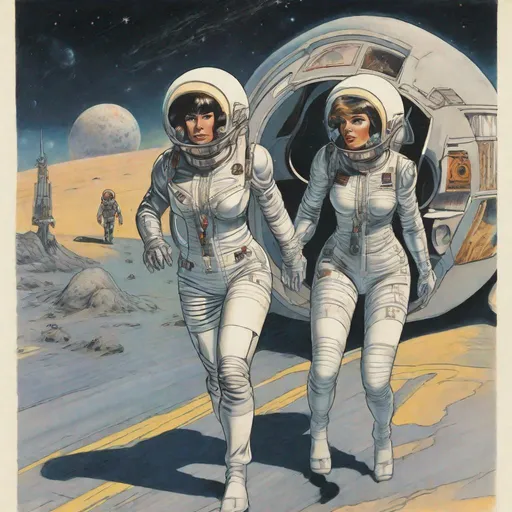 Prompt: Two armed women, in futuristic dress, escorting a human male astronaut leaving a space capsule