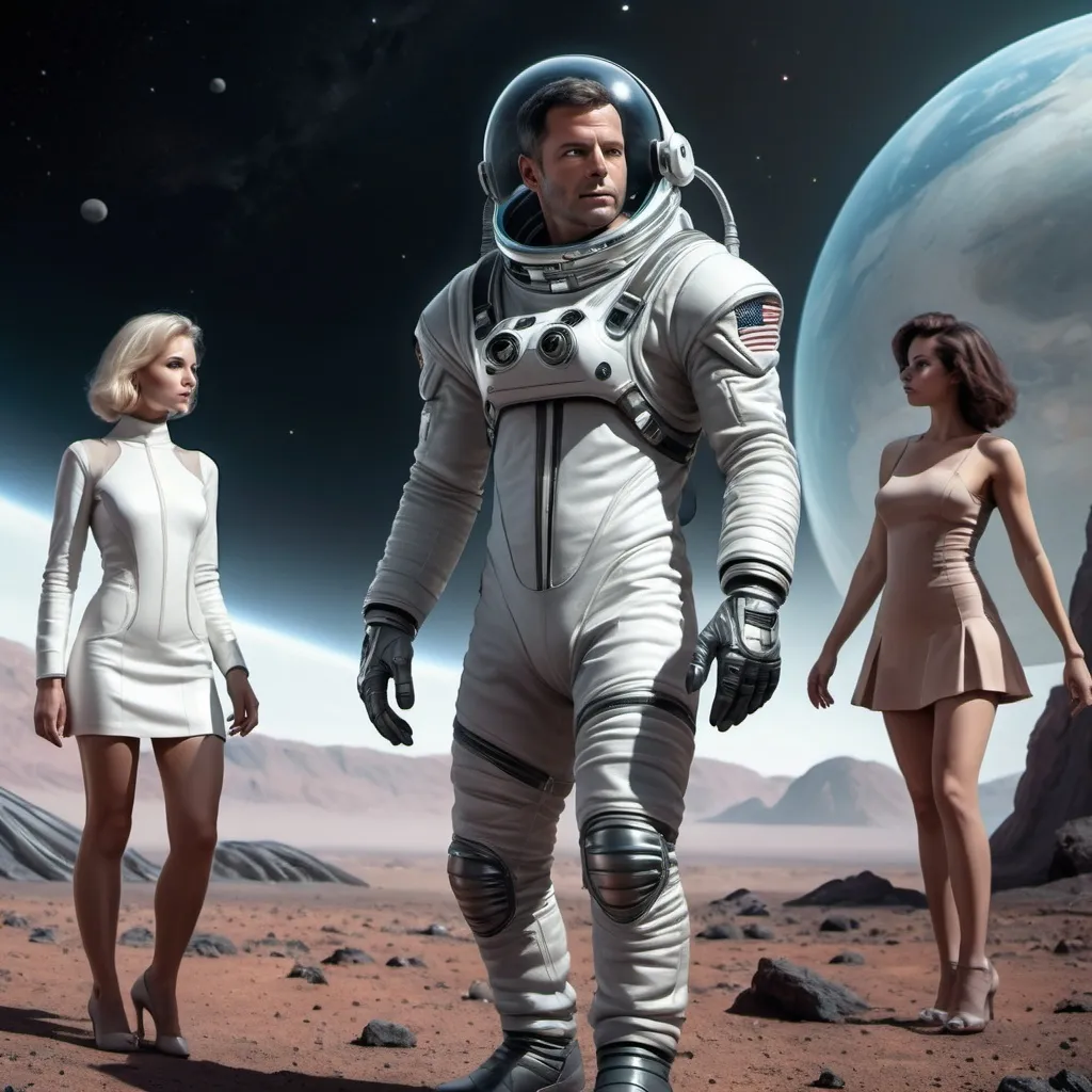 Prompt: Realistic image of a human male astronaut wearing a futuristic space suit, without helmet, surrended by women wearing mini skirts, setting in an alien world.