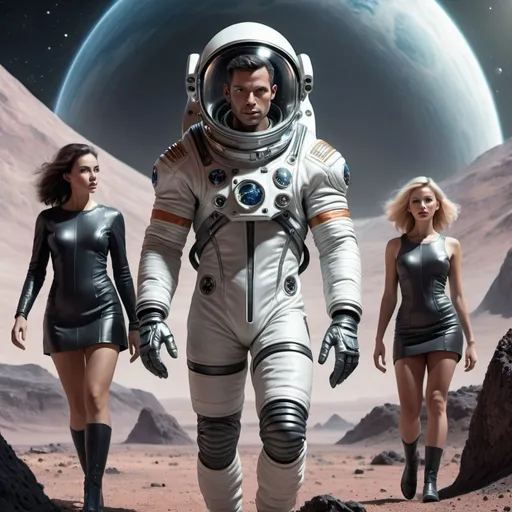 Prompt: Realistic image of a human male astronaut wearing a futuristic space suit, without helmet, surrended by women wearing mini skirts, setting in an alien world.