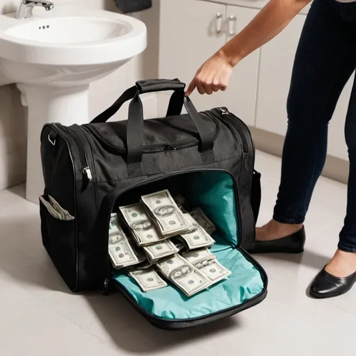 Prompt: Generate image using prompt: a duffel bag open, seen from the POV of a woman standing, the duffel bag is on the seat of a toilette, in the bag there is cash 

