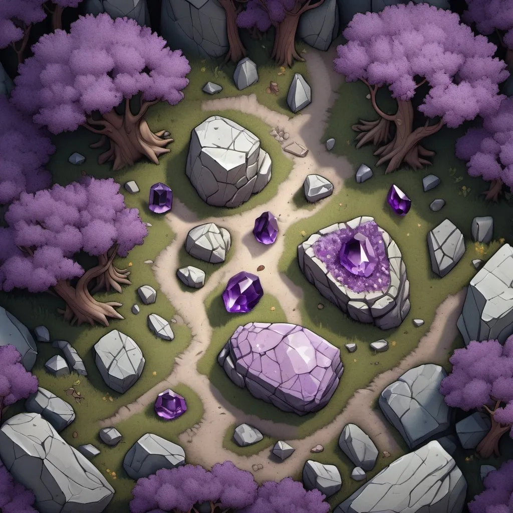 Prompt: A top-down map of a very rocky forest, rocks, pieces of amethyst crystals on top of stone, 2d map, highly details, 8k