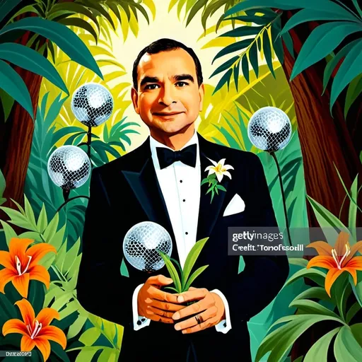 Prompt: Man in tuxedo in tropical rainforest,  Filmation background painting style, gouache and color pencil. <mymodel>
lush forest, fantasy flora and fauna, fantasy setting, vibrant colors, flowers and vines, brush and paper texture, pencil texture, Hand drawn, lines, digital brushes, whimsical, art,Wild orchids, silver disco balls hanging from tree vines. Dave gibbons style sunset waterfall. Brown eyes.