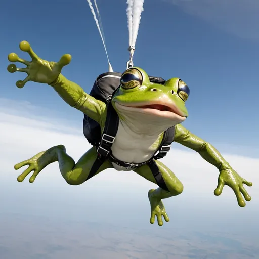 Prompt: A humanoid frog skydiving from an airplanes 