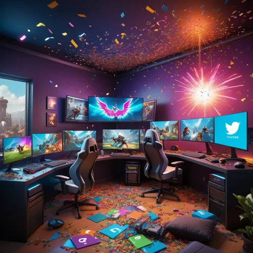 Prompt: (trending PC games), vibrant colors, dynamic composition, captivating and exciting atmosphere, photorealistic, ultra-detailed, high-quality 4K, energetic lighting, modern and professional design, showcasing diverse game icons, futuristic and sleek background, confetti and spark elements, gaming room filled with the best computers, perfect for a Twitter post.