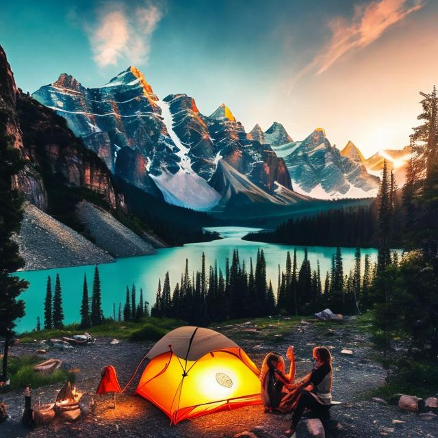 Prompt: Create an artistic expression, whether a painting, digital artwork, or any visual representation, inspired by the harmony between a person and the natural landscape depicted in the image, showing high mountain and flowing waters, with campsite, and flowing lamp inside camp, and 4x4 car camping vehicle