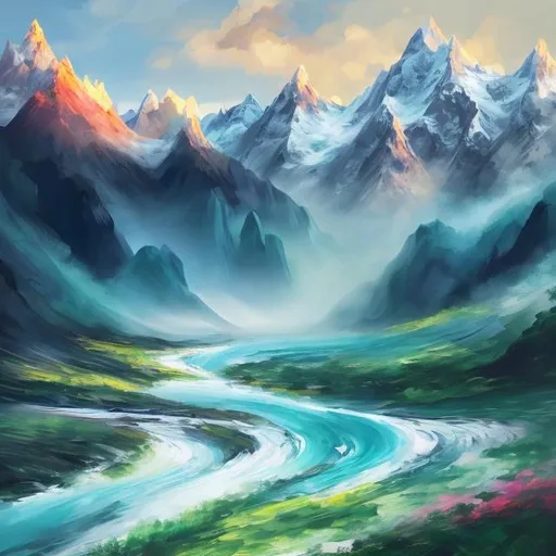 Prompt: Create an artistic expression, whether a painting, digital artwork, or any visual representation, inspired by the harmony between a person and the natural landscape depicted in the image, showing high mountain and flowing waters 