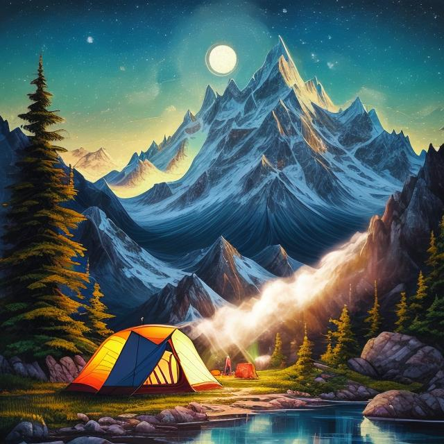 Prompt: Create an artistic expression, whether a painting, digital artwork, or any visual representation, inspired by the harmony between a person and the natural landscape depicted in the image, showing high mountain and flowing waters, with campsite, and flowing lamp inside camp