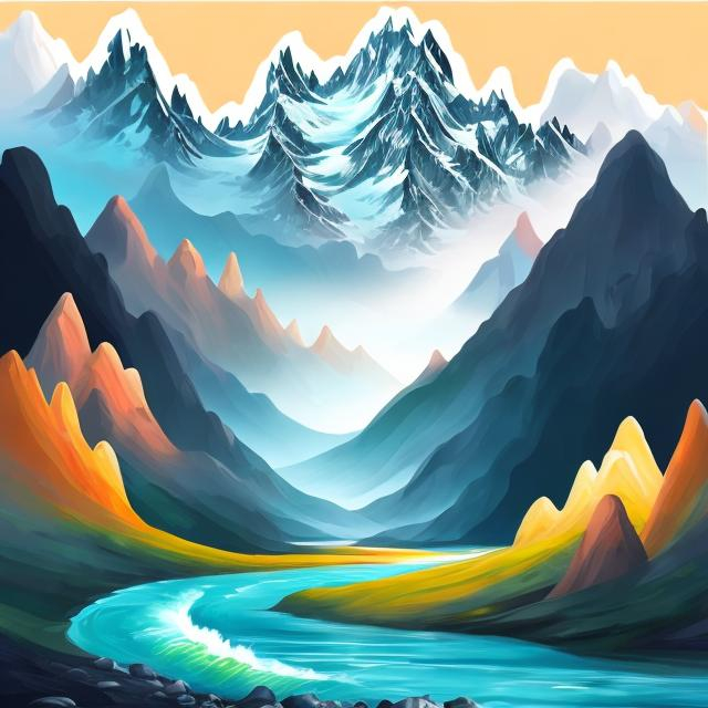 Prompt: Create an artistic expression, whether a painting, digital artwork, or any visual representation, inspired by the harmony between a person and the natural landscape depicted in the image, showing high mountain and flowing waters 