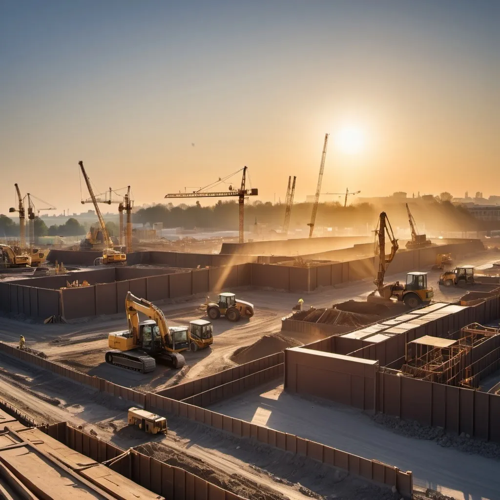 Prompt: A dynamic panoramic view of a bustling construction site at dawn. The rising sun casts a golden glow across the scene, creating long shadows and highlighting the silhouettes of various structures and machinery