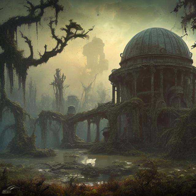 Prompt: ruined observatory on planet surface, overgrown swamp, fantasy, cover, matte painting by repin