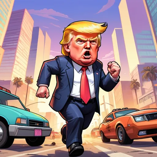 Prompt: GTA V cover art, donald trump baby, cartoon illustration