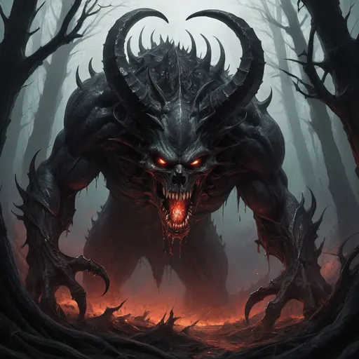 Prompt: 
In the gloom of the forest, the beasts emerged from the deepest, darkest recesses of hell itself. Their presence was a manifestation of pure terror, each one a twisted amalgamation of nightmare and nightmare fuel.

Their claws, razor-sharp and glinting with malevolent intent, tore through the air like scythes, leaving a trail of destruction in their wake. With every swipe, they left behind jagged wounds, oozing with dark ichor that seemed to pulse with an otherworldly energy.

Their teeth, sharp as daggers and stained with the blood of countless victims, gnashed together in a symphony of savagery. Each bite was a promise of agony, a testament to the relentless hunger that drove these creatures forward.

But it was not just their physical form that inspired fear; it was the aura of darkness that surrounded them, an aura that seemed to seep from their very pores like a toxic miasma. Their thick, dark-haired bodies were adorned with backward-pointing thorns, each one a cruel reminder of the pain and suffering they inflicted upon those unfortunate enough to cross their path.

Their eyes, as black as the abyss itself, burned with a malevolent intensity that pierced the soul. Within those depths lay nothing but emptiness and primal rage, a twisted reflection of the horrors that dwelled within their twisted hearts.

And when they let loose their soul-chilling scream, it echoed through the forest like a harbinger of doom. It was a sound that chilled the blood and froze the marrow, a sound that spoke of untold suffering and unimaginable torment.

In the presence of these beasts, even the bravest souls quaked with fear. For they were not merely creatures of the forest; they were emissaries of darkness, sent forth from the depths of hell to wreak havoc upon the world of men. And as King Arthur and his band of warriors faced them in battle, they knew that they faced not just beasts, but demons incarnate, born from the deepest depths of the abyss.