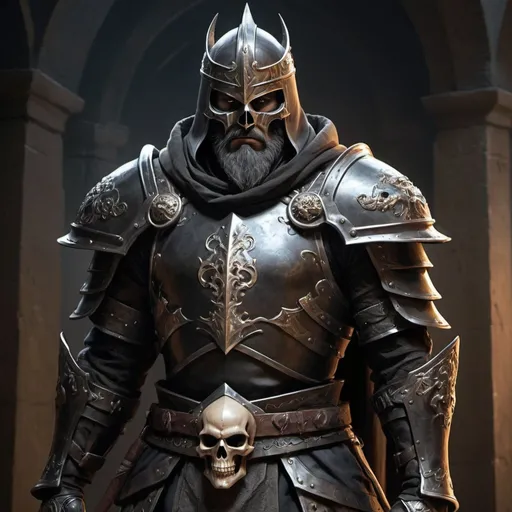 Prompt: 
The towering figure of the knight commands attention as he stands tall and proud, his muscular chest and arms straining against the imposing armor that adorns his form. Each piece of the darkened metal armor seems to reflect the flickering light, enhancing the aura of power that surrounds him. His sword, honed to a razor-sharp edge, gleams menacingly in the dim light, a testament to the formidable strength he possesses.

A thick, dark black beard frames his stern face, adding to the air of authority and ruggedness that he exudes. Atop his head sits a pointed helmet adorned with a menacing skull-like face mask, giving him an intimidating visage that strikes fear into the hearts of his enemies. Despite the grim appearance, there's a sense of determination and indomitable will etched into his features, a silent proclamation of his unwavering resolve.

Long boots encase his sturdy legs, providing stability as he strides forward with purpose. His overall physique speaks of years of training and battles fought, a testament to his prowess as a warrior. The gloves he wears are worn and weathered, stained with the telltale marks of old bloodshed, a reminder of the countless trials he has endured.

But it's not just his physical presence that sets him apart. There's an undeniable energy that emanates from him, an aura of primal strength and unyielding willpower that commands respect and allegiance from those around him. It's as if he possesses a magnetism that draws others to him, instilling confidence and trust in his leadership. Nothing, not even death itself, seems capable of deterring him from his path, for he possesses a will to live that is as unbreakable as his mighty sword.