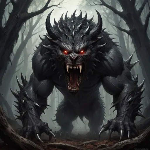 Prompt: The beasts, with their claws like razors and teeth as sharp as daggers, descended upon them with primal fury. Their thick, dark-haired bodies were adorned with backward-pointing thorns, With eyes as black as the abyss, filled with nothing but emptiness and primal rage, they let loose a soul-chilling scream that echoed through the forest.