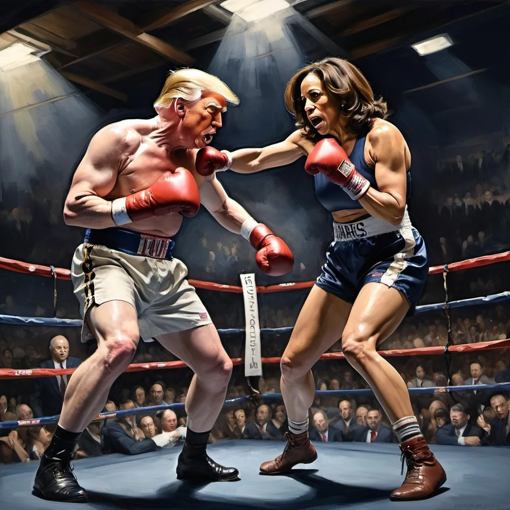 Prompt: kamala harris lands a knock out punch to donald trump    in the style of george bellows