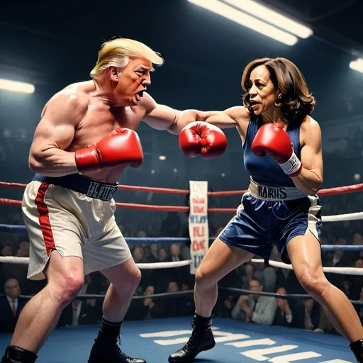 Prompt: kamala harris lands a knock out punch to donald trump    in the style of george bellows