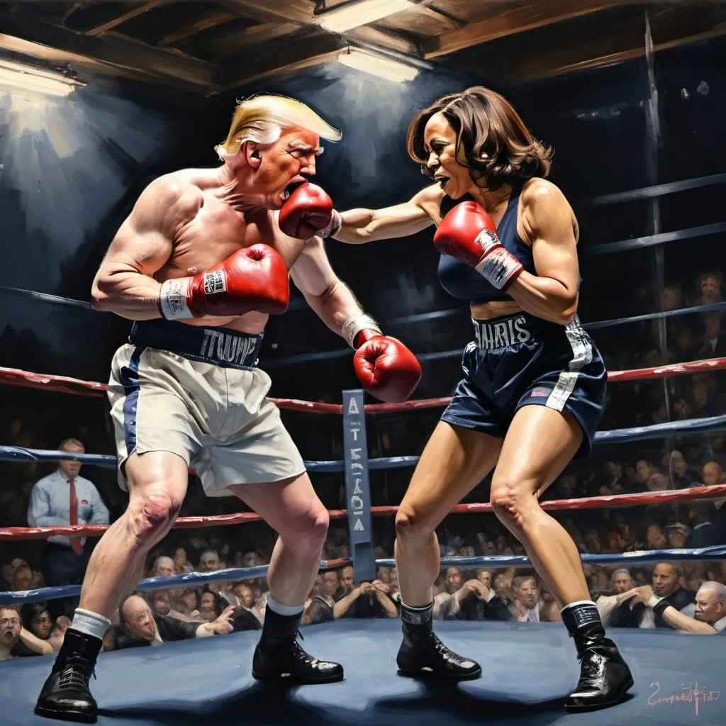 Prompt: kamala harris lands a knock out punch to donald trump    in the style of george bellows